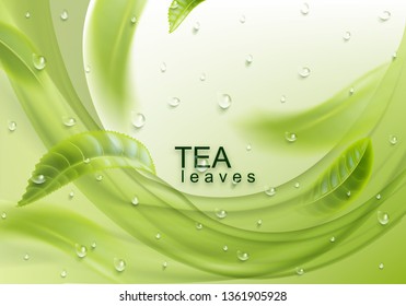 Tea Leaves Background. Green Tea And Water Drops. Tea Leaves Whirl In The Air. Vector Illustration. 