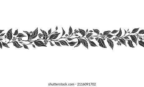 Tea leaves border. Vector seamless print. Silhouette of branch, graphic flowers. Botanical decor