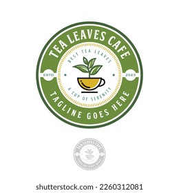 Tea leaves cafe logo design template, leaf and cup logo circular emblem vintage fit for tea shop, tea product, and logo cafe