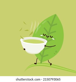 Tea leaves character. tea leaves on Green background. wallpaper. Matcha character design.