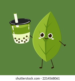 Tea leaves character. tea leaves on Green background. Matcha character design. Bubble green tea milk vector logo. Iced green tea latte takeaway cup vector illustration.