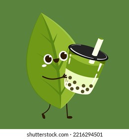 Tea leaves character. tea leaves on Green background. Matcha character design. Bubble green tea milk vector logo. Iced green tea latte takeaway cup vector illustration.