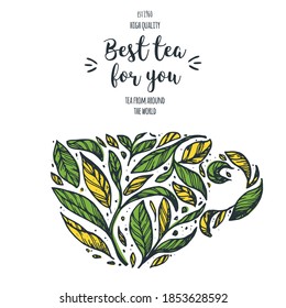 Tea leaves concept illustration. Tea leaves in cup. Hand drawn sketch. Vector illustration. Concept for tea design.