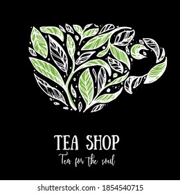 Tea leaves concept illustration. Tea leaves in cup. Hand drawn sketch. Vector illustration. Concept for tea design.