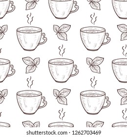 Tea. Leaves, cup. Sketch. Background, wallpaper, seamless, texture. Monophonic.