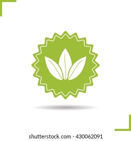 Tea leaves icon. Drop shadow mint silhouette badge. Herbal medicine sign. Tea shop emblem. Quality stamp. Negative space. Vector isolated illustration