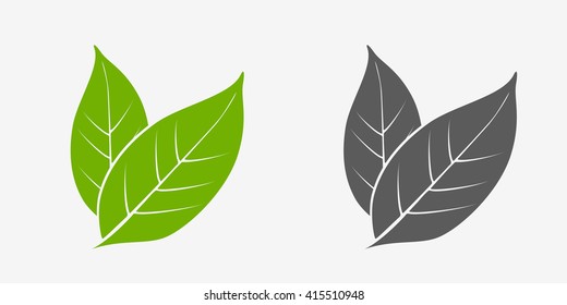 Tea leaves icon set. Green and gray. Isolated leaves on white background