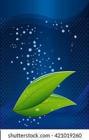 tea leaves on a blue background with water drops