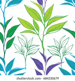 Tea leaves seamless pattern. Floral color background in hand drawn style. Vector illustration. Leafy food background for textile, paper, decoration and wrapping