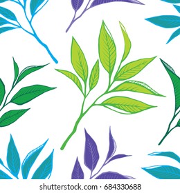 Tea leaves seamless pattern. Floral color background in hand drawn style. Vector illustration. Leafy food background for textile, paper, decoration and wrapping