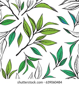 Tea leaves seamless pattern. Food background in hand drawn style on white