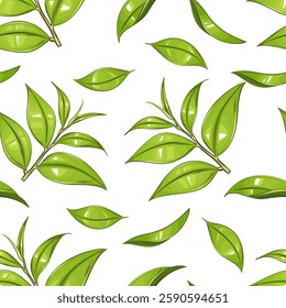 Tea leaves seamless pattern. Tea seamless. Green tea background. Green tea patterns for fabric, packaging, coffee shops. Hand Drawn vector illustration