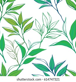 Tea leaves seamless pattern. Hand drawn tea branches background on white. For textile, paper, decoration and wrapping