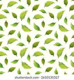 Tea leaves seamless pattern isolated on soft colors background, mint leaf for eco package, spring summer fabric fresh print, balm pharmacy health, botanical branding and design, ecology nature theme
