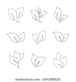 tea leaves set green outline vector design isolated white background