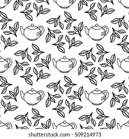Tea leaves and teapot. Seamless pattern. Black simple hand drawing flush leaf. Vector illustration.