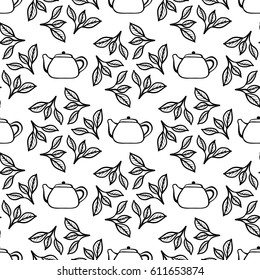 Tea leaves and teapot. Seamless pattern. Black simple hand drawing flush leaf. Vector illustration.