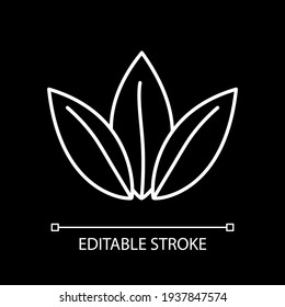 Tea leaves white linear icon for dark theme. Fresh plant. Condiment for cookery. Vegan ingredient. Thin line customizable illustration. Isolated vector contour symbol for night mode. Editable stroke
