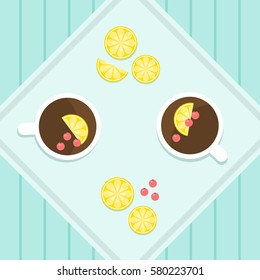 Tea with lemon and berries. Vector illustration