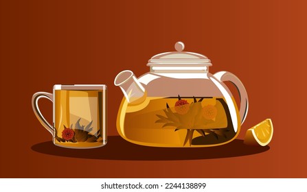 Tea with lemon, brewed tea in a kettle, tea party, brewed tea, teapot with a cup. Vector illustration.