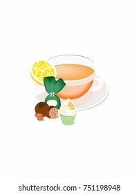 Tea with lemon and candies on a white background