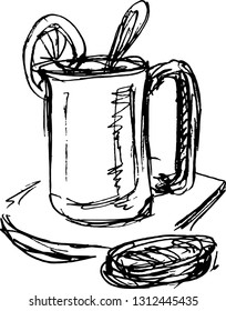 Tea with lemon in cup and with cookie.  Hand drawn sketch vector illustration on white background. Black & white.