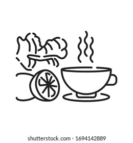 Tea with lemon and ginger black line icon. A drink that helps to recover. Pictogram for web page, mobile app, promo. UI UX GUI design element. Editable stroke