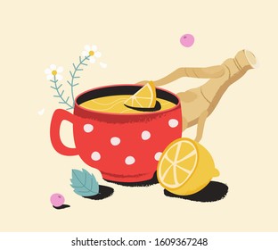 Tea With Lemon, Ginger And Camomile. Cold Medicine Cure For Sore Throat, Flu.  Remedy Natural, Homeopathic And Medical Herbs.