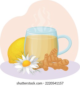 Tee mit Zitrone und Ingwer. Eine heiße Tasse Tee mit Kamille. Arzneimitteldekoktion in einem Glas. Vektorgrafik