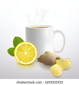 tea with lemon and ginger on a light background