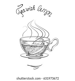  Tea with lemon in glass. For menu  Vector drawing, sketch style.