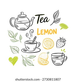 Tea and lemon illustrations with teapot cup and saucer