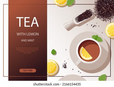 Té con limón y menta. Taza de té con limón, menta en un platillo, cuchara de té y brea. Ceremonia del té. Plantilla para afiches, banner, sitio web, menú, publicidad. Ilustración vectorial de material en estilo plano.