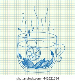 Tea with lemon and mint. Hand drawn vector stock illustration. Sheet ball pen drawing
