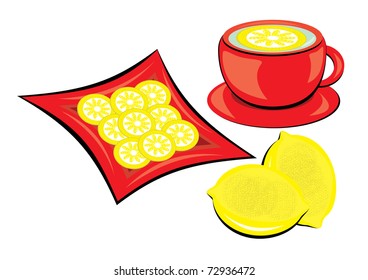 Tea with lemon in mug on white background.