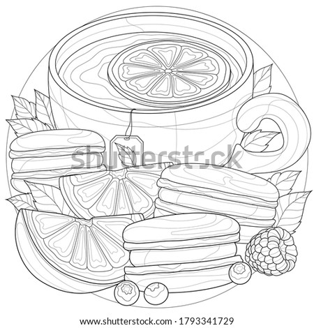 
Tea with lemon, orange and macaroons.Coloring book antistress for children and adults. Illustration isolated on white background.Black and white drawing.Zen-tangle style.