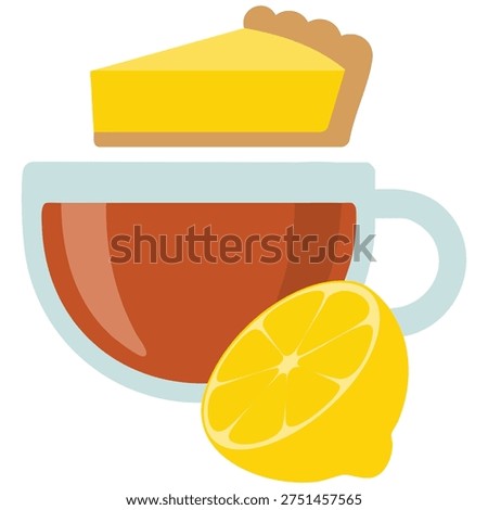 Tea with lemon pie and lemon fruit cut off piece isolated with cup flat food design for menu cafe