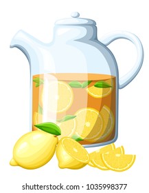 Tea with lemon pieces in transparent kettle fresh healthy drink vector illustration isolated on white background web site page and mobile app design