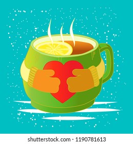 Tea with lemon is poured into a green cup with a picture of the heart, which is held by hands in mittens. The snow falls on the cup.