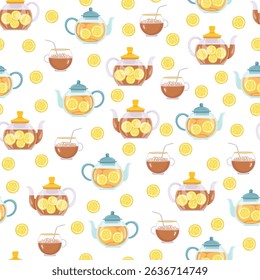 Tea with lemon seamless pattern. Flat vector clipart, illustration with isolated background.