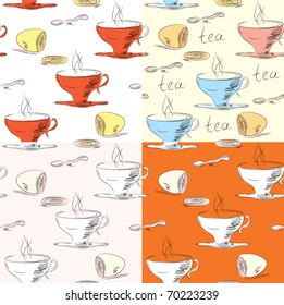 Tea and lemon seamless patterns set