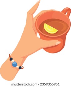 Tea with lemon slice in ceramic cup. Cartoon hand hold mug isolated on white background