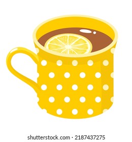 Té con una rebanada de limón en una taza amarilla. Ilustración vectorial.