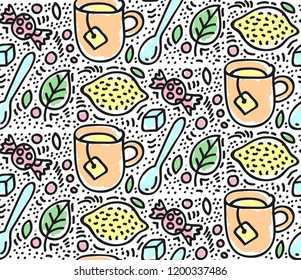 tea lemon spoon doodle seamless vector pattern