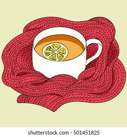 Tea with lemon wrapped in a red scarf. Tea sketch. Hand drawing tea cup. Vector illustration tea cup cosy. Tea and lemon print. Tea logo. Tea card. Therapy tea background. Cozy tea. Knitted scarf.