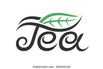 Tea lettering with leaf logo. Tea package template design vector illustration
