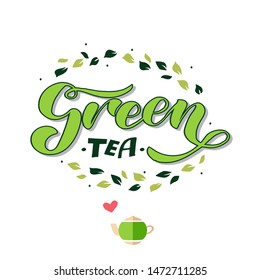 Tea lettering typography. Logotype, icon, badge, label. For restaurant poster, signboard, menu. Cup of tea. Handdrawn leaves, kettle and heart. Green tea. Textured background. Tea packaging design.