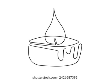 Tea light candle with flame. Burning decorative aromatic candle. Continuous one line drawing. Line art. Isolated on white background. Design element for print, greeting, postcard, scrapbooking