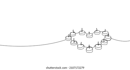 Tea light candles laid out in the shape of a heart continuous line drawing. One line art of memorable date, light, romance, congratulations, love, atmosphere.