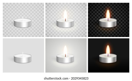 Tea lights. Set of realistic candles in a case. Unlit, Burning on a light and dark background. Candle icon set closeup isolated on a transparency grid background. Design template. Realistic 3d vector